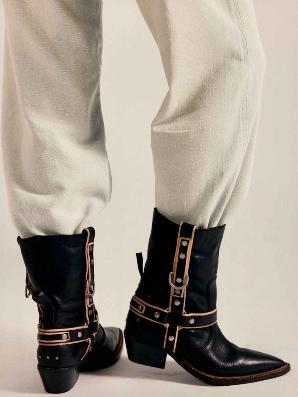 Free People We The Free Abroad Harness Boots Black Tan Pewter Pointy - Picture 8 of 8